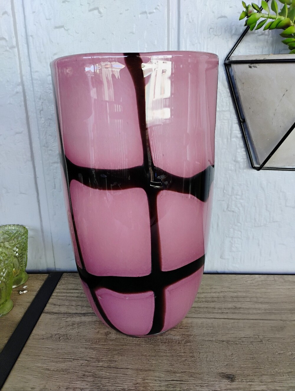 Large pink/lavender color vase with black abstract pattern